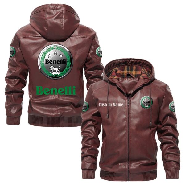 Custom Name Benelli PU Leather Hooded Jacket – Personalized Logo Car Motorcycle Model - Image 2