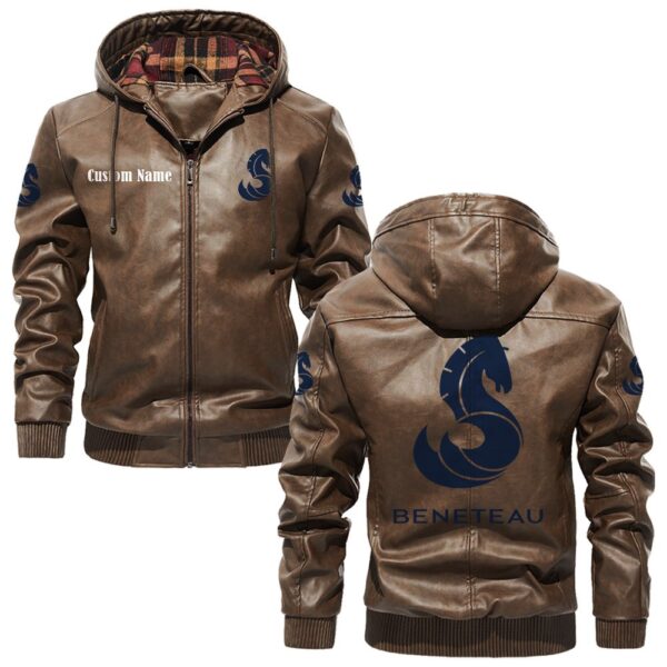 Custom Name Beneteau PU Leather Hooded Jacket – Personalized Logo Car Motorcycle Model - Image 3