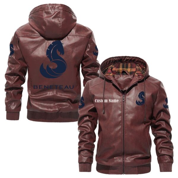 Custom Name Beneteau PU Leather Hooded Jacket – Personalized Logo Car Motorcycle Model - Image 2