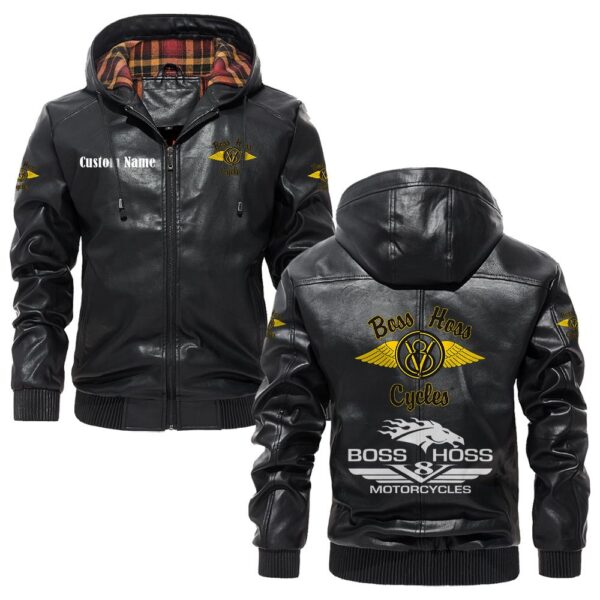 Custom Name Boss Hoss PU Leather Hooded Jacket – Personalized Logo Car Motorcycle Model