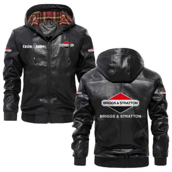 Custom Name Briggs Stratton PU Leather Hooded Jacket – Personalized Logo Car Motorcycle Model
