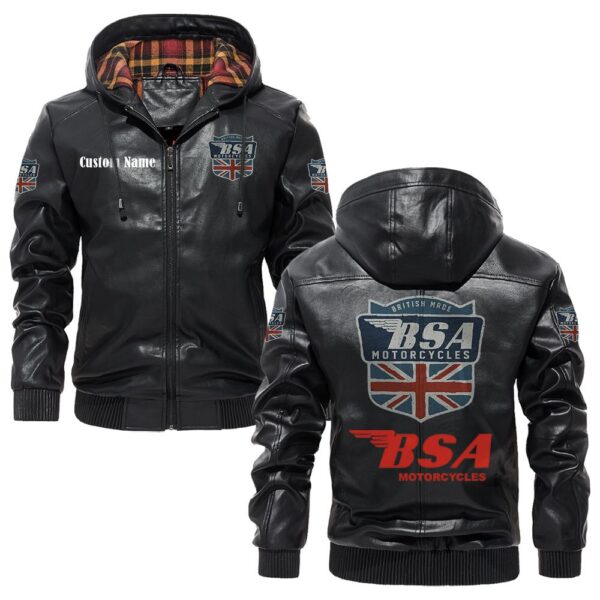 Custom Name Bsa PU Leather Hooded Jacket – Personalized Logo Car Motorcycle Model