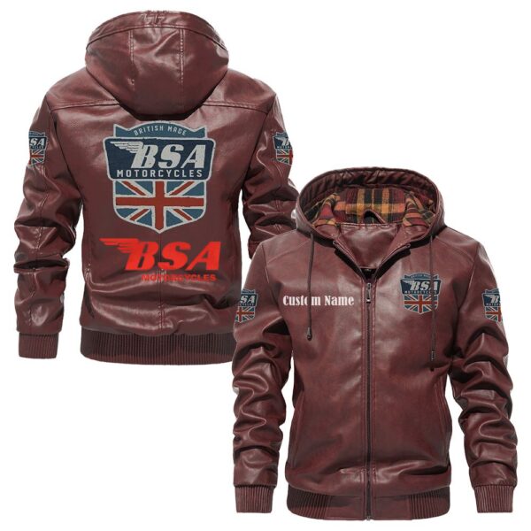 Custom Name Bsa PU Leather Hooded Jacket – Personalized Logo Car Motorcycle Model - Image 2
