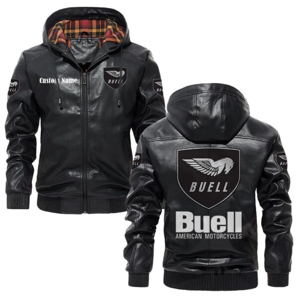 Custom Name Buell Motorcycles PU Leather Hooded Jacket – Personalized Logo Car Motorcycle Model