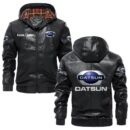 Custom Name Datsun PU Leather Hooded Jacket – Personalized Logo Car Motorcycle Model