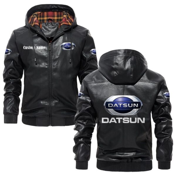 Custom Name Datsun PU Leather Hooded Jacket – Personalized Logo Car Motorcycle Model