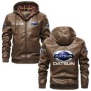 Custom Name Datsun PU Leather Hooded Jacket – Personalized Logo Car Motorcycle Model