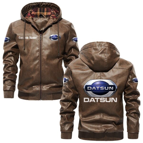 Custom Name Datsun PU Leather Hooded Jacket – Personalized Logo Car Motorcycle Model - Image 3