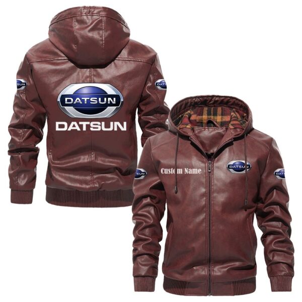 Custom Name Datsun PU Leather Hooded Jacket – Personalized Logo Car Motorcycle Model - Image 2