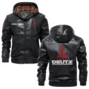 Custom Name Deutz PU Leather Hooded Jacket – Personalized Logo Car Motorcycle Model