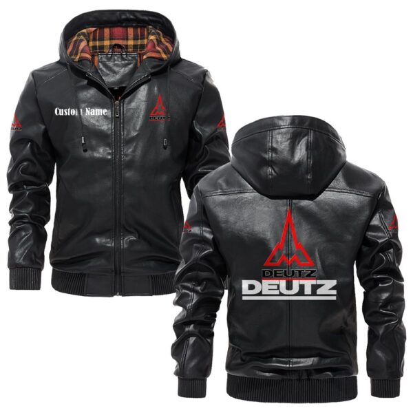 Custom Name Deutz PU Leather Hooded Jacket – Personalized Logo Car Motorcycle Model