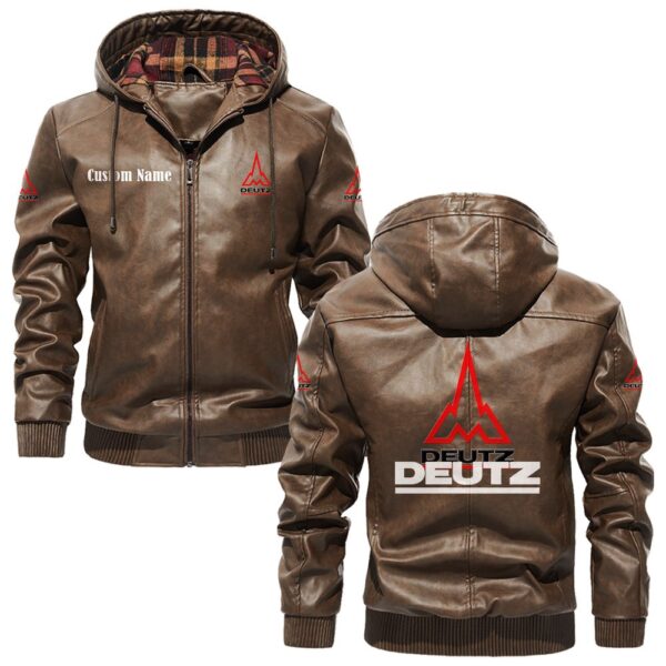 Custom Name Deutz PU Leather Hooded Jacket – Personalized Logo Car Motorcycle Model - Image 3