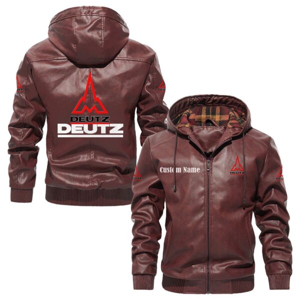 Custom Name Deutz PU Leather Hooded Jacket – Personalized Logo Car Motorcycle Model - Image 2