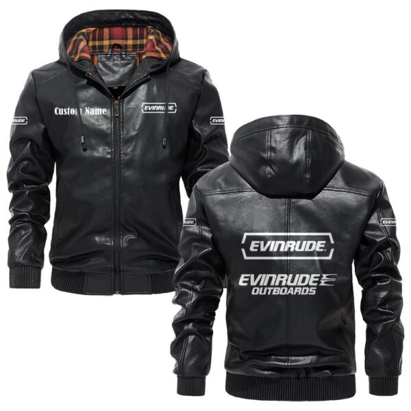 Custom Name Evinrude Outboard Motors PU Leather Hooded Jacket – Personalized Logo Car Motorcycle Model