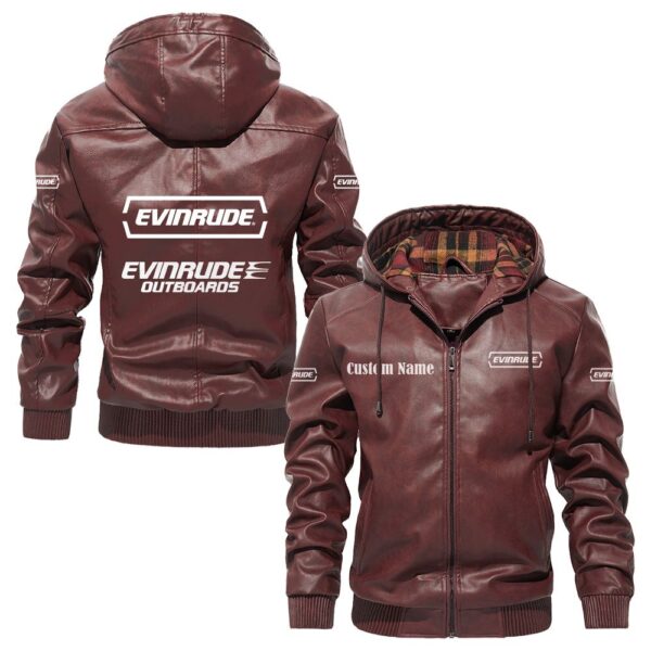 Custom Name Evinrude Outboard Motors PU Leather Hooded Jacket – Personalized Logo Car Motorcycle Model - Image 2