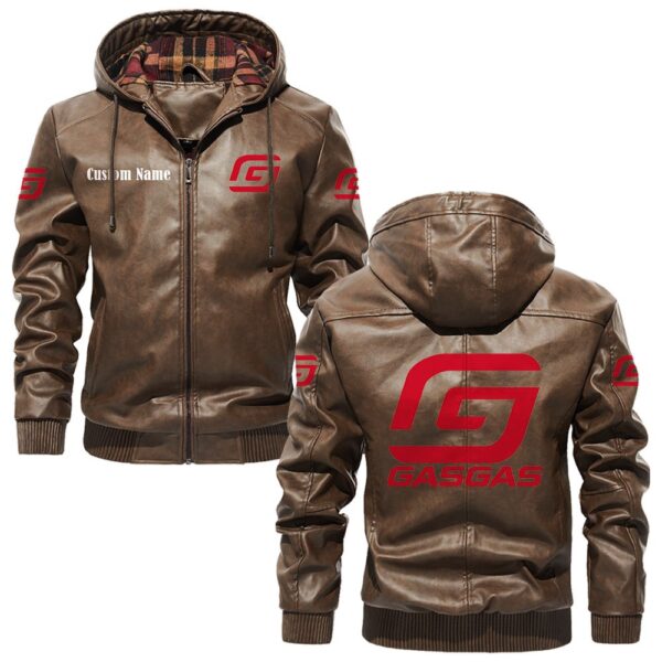Custom Name Gas Gas PU Leather Hooded Jacket – Personalized Logo Car Motorcycle Model - Image 3