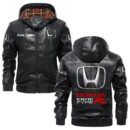 Custom Name Honda Civic Type R PU Leather Hooded Jacket – Personalized Logo Car Motorcycle Model