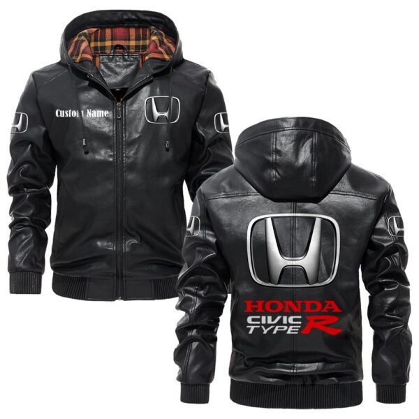 Custom Name Honda Civic Type R PU Leather Hooded Jacket – Personalized Logo Car Motorcycle Model