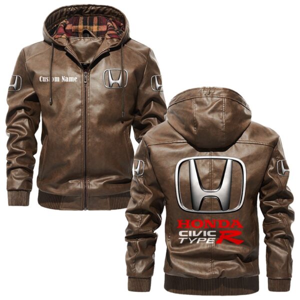 Custom Name Honda Civic Type R PU Leather Hooded Jacket – Personalized Logo Car Motorcycle Model - Image 3
