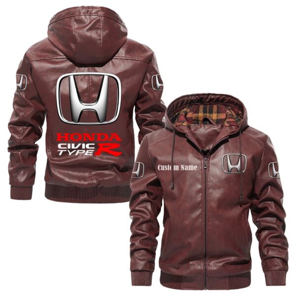 Custom Name Honda Civic Type R PU Leather Hooded Jacket – Personalized Logo Car Motorcycle Model - Image 2