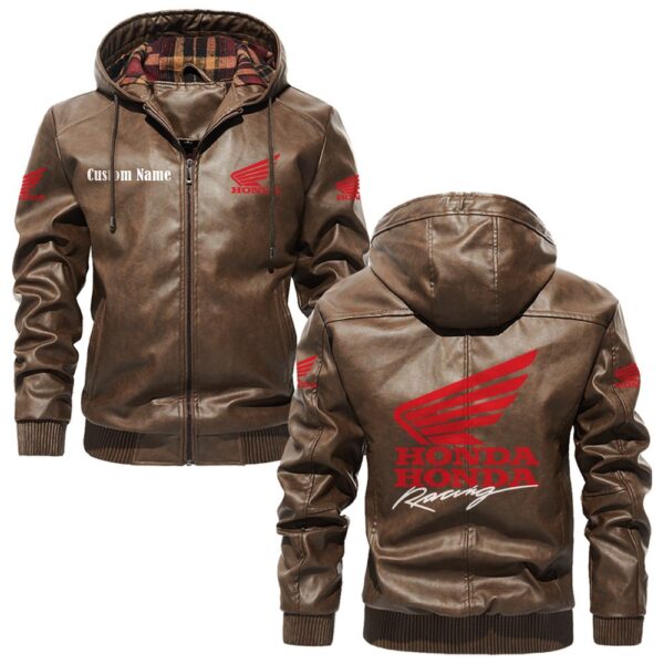 Custom Name Honda Motor PU Leather Hooded Jacket – Personalized Logo Car Motorcycle Model - Image 3