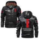 Custom Name International Harvester PU Leather Hooded Jacket – Personalized Logo Car Motorcycle Model