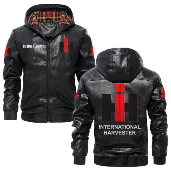 Custom Name International Harvester PU Leather Hooded Jacket – Personalized Logo Car Motorcycle Model