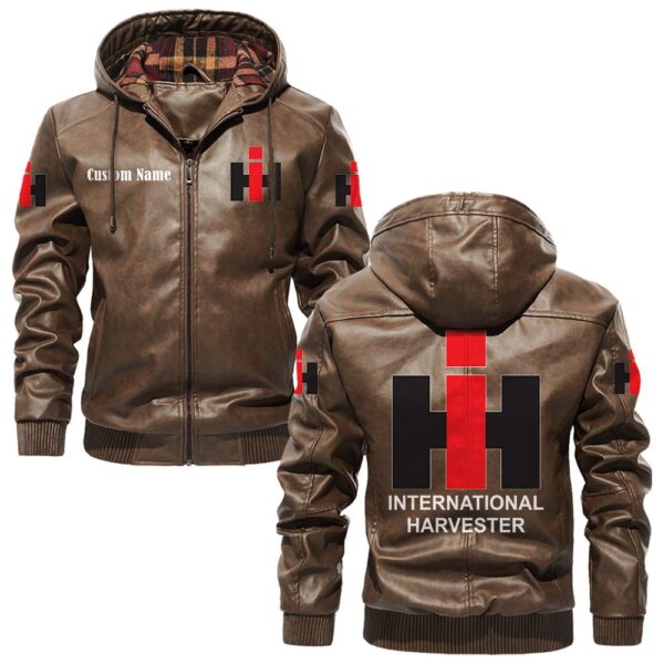 Custom Name International Harvester PU Leather Hooded Jacket – Personalized Logo Car Motorcycle Model - Image 3