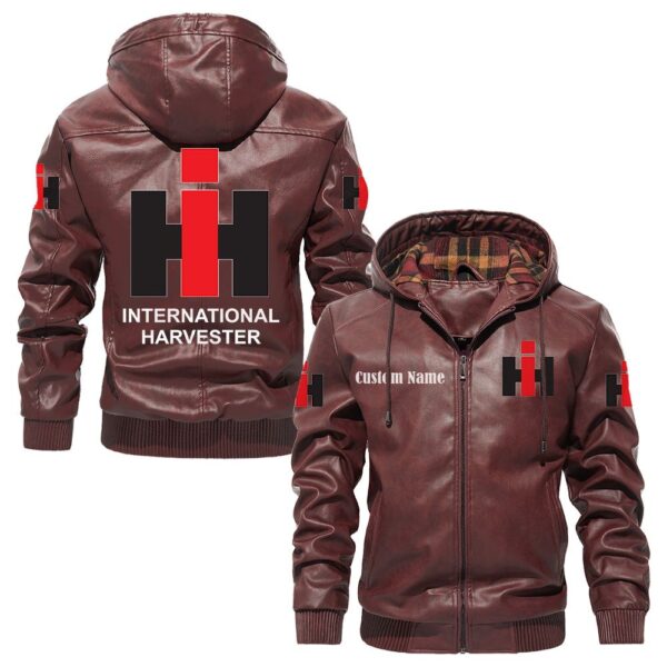 Custom Name International Harvester PU Leather Hooded Jacket – Personalized Logo Car Motorcycle Model - Image 2