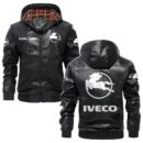 Custom Name Iveco PU Leather Hooded Jacket – Personalized Logo Car Motorcycle Model