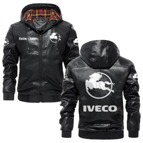 Custom Name Iveco PU Leather Hooded Jacket – Personalized Logo Car Motorcycle Model