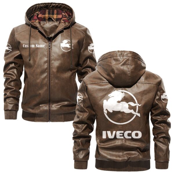Custom Name Iveco PU Leather Hooded Jacket – Personalized Logo Car Motorcycle Model - Image 3
