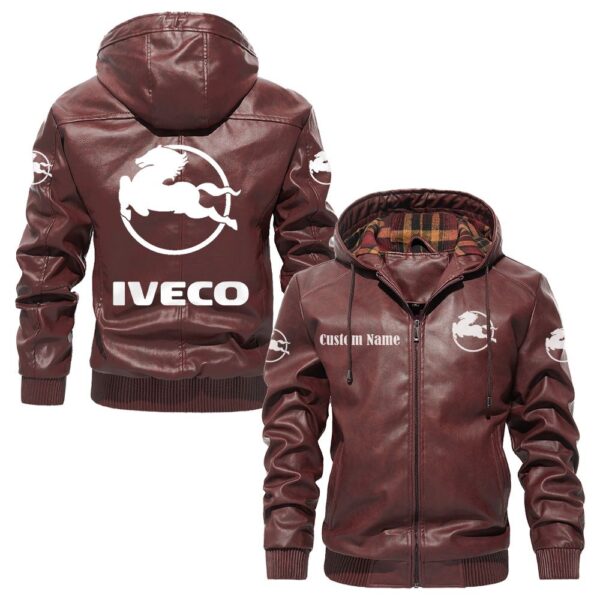 Custom Name Iveco PU Leather Hooded Jacket – Personalized Logo Car Motorcycle Model - Image 2