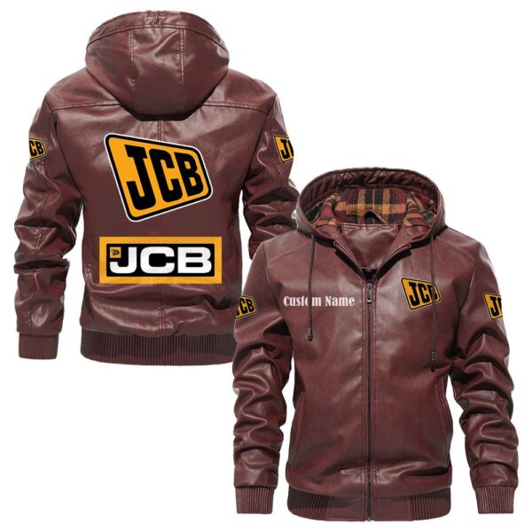 Custom Name Jcb PU Leather Hooded Jacket – Personalized Logo Car Motorcycle Model - Image 2