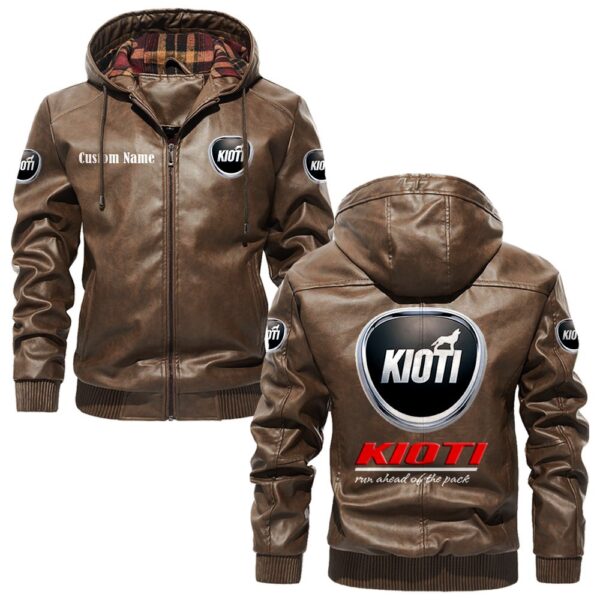 Custom Name Kioti PU Leather Hooded Jacket – Personalized Logo Car Motorcycle Model - Image 3