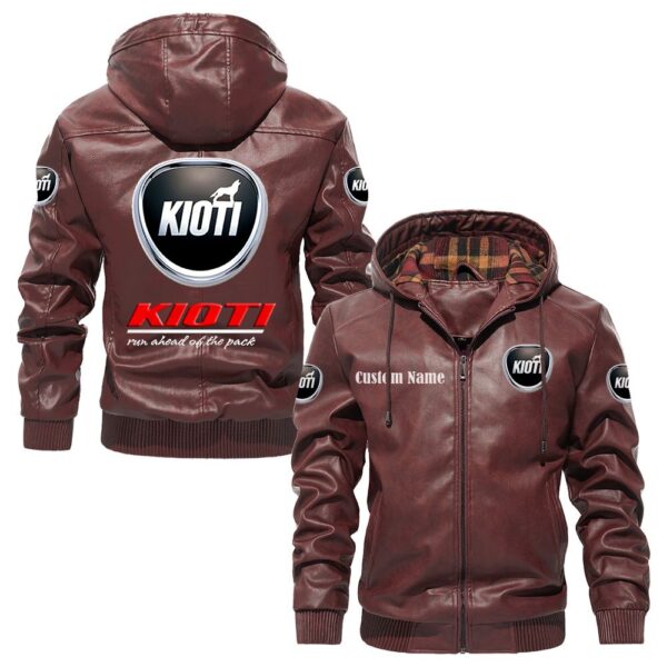 Custom Name Kioti PU Leather Hooded Jacket – Personalized Logo Car Motorcycle Model - Image 2