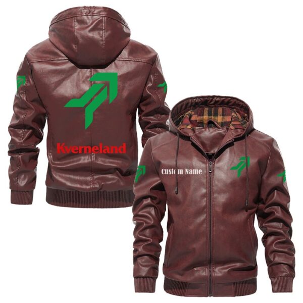Custom Name Kverneland PU Leather Hooded Jacket – Personalized Logo Car Motorcycle Model - Image 2