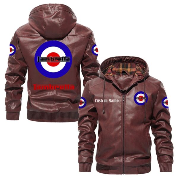 Custom Name Lambretta PU Leather Hooded Jacket – Personalized Logo Car Motorcycle Model - Image 2