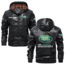 Custom Name Land Rover Discovery PU Leather Hooded Jacket – Personalized Logo Car Motorcycle Model
