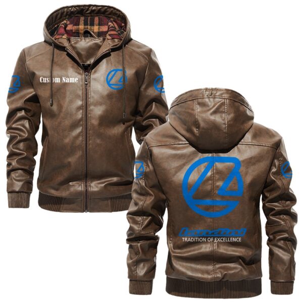 Custom Name Landini PU Leather Hooded Jacket – Personalized Logo Car Motorcycle Model - Image 3