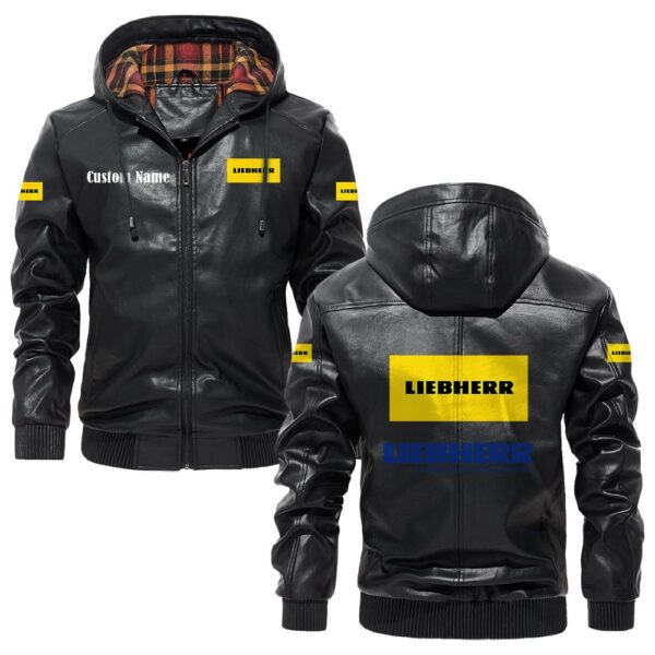 Custom Name Liebherr PU Leather Hooded Jacket – Personalized Logo Car Motorcycle Model