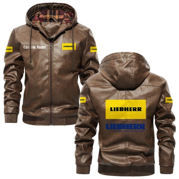 Custom Name Liebherr PU Leather Hooded Jacket – Personalized Logo Car Motorcycle Model - Image 3