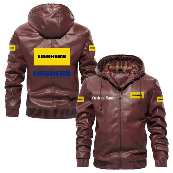 Custom Name Liebherr PU Leather Hooded Jacket – Personalized Logo Car Motorcycle Model - Image 2
