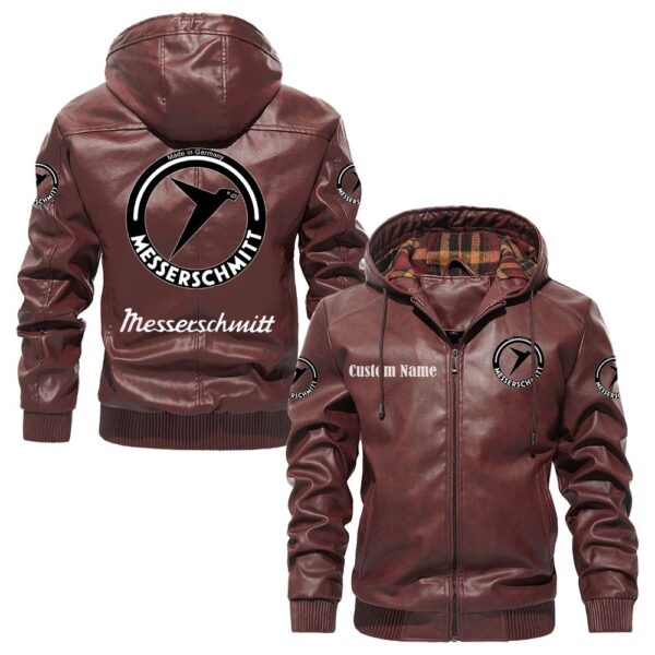 Custom Name Messerschmitt PU Leather Hooded Jacket – Personalized Logo Car Motorcycle Model - Image 2