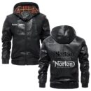 Custom Name Norton PU Leather Hooded Jacket – Personalized Logo Car Motorcycle Model