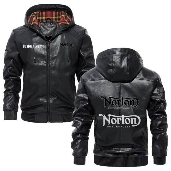 Custom Name Norton PU Leather Hooded Jacket – Personalized Logo Car Motorcycle Model