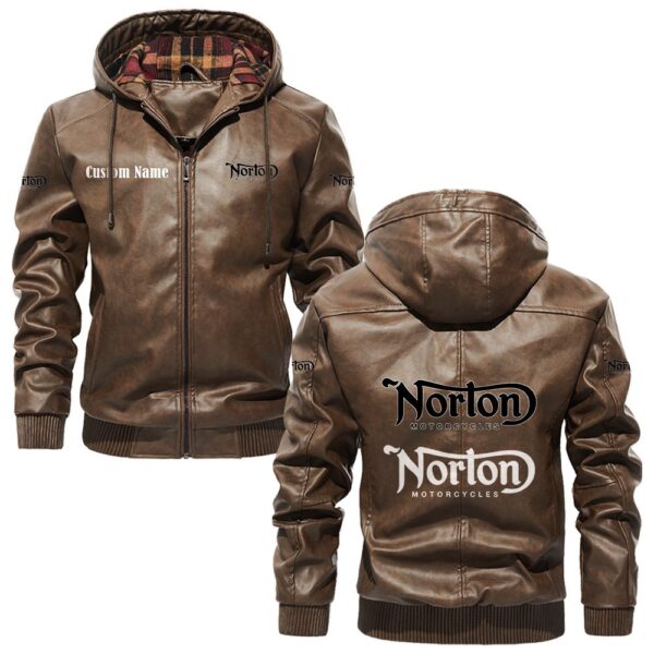 Custom Name Norton PU Leather Hooded Jacket – Personalized Logo Car Motorcycle Model - Image 3