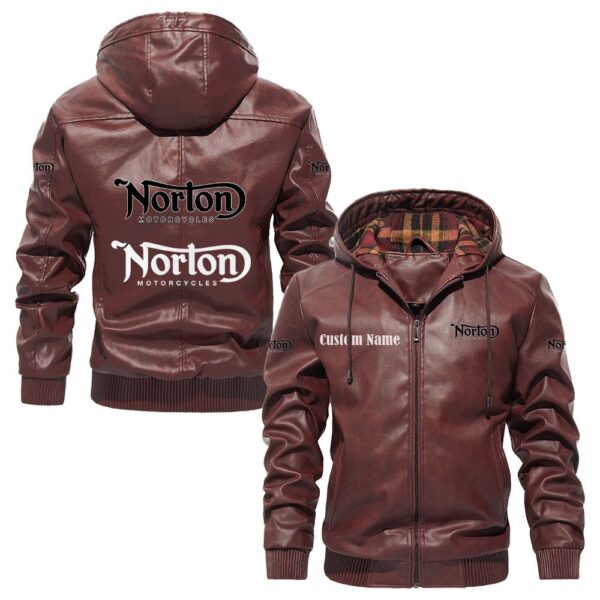 Custom Name Norton PU Leather Hooded Jacket – Personalized Logo Car Motorcycle Model - Image 2