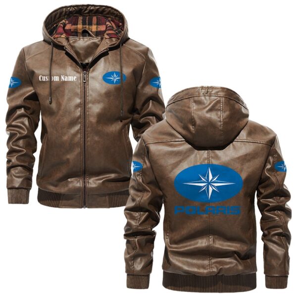 Custom Name Polaris PU Leather Hooded Jacket – Personalized Logo Car Motorcycle Model - Image 3