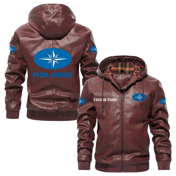Custom Name Polaris PU Leather Hooded Jacket – Personalized Logo Car Motorcycle Model - Image 2